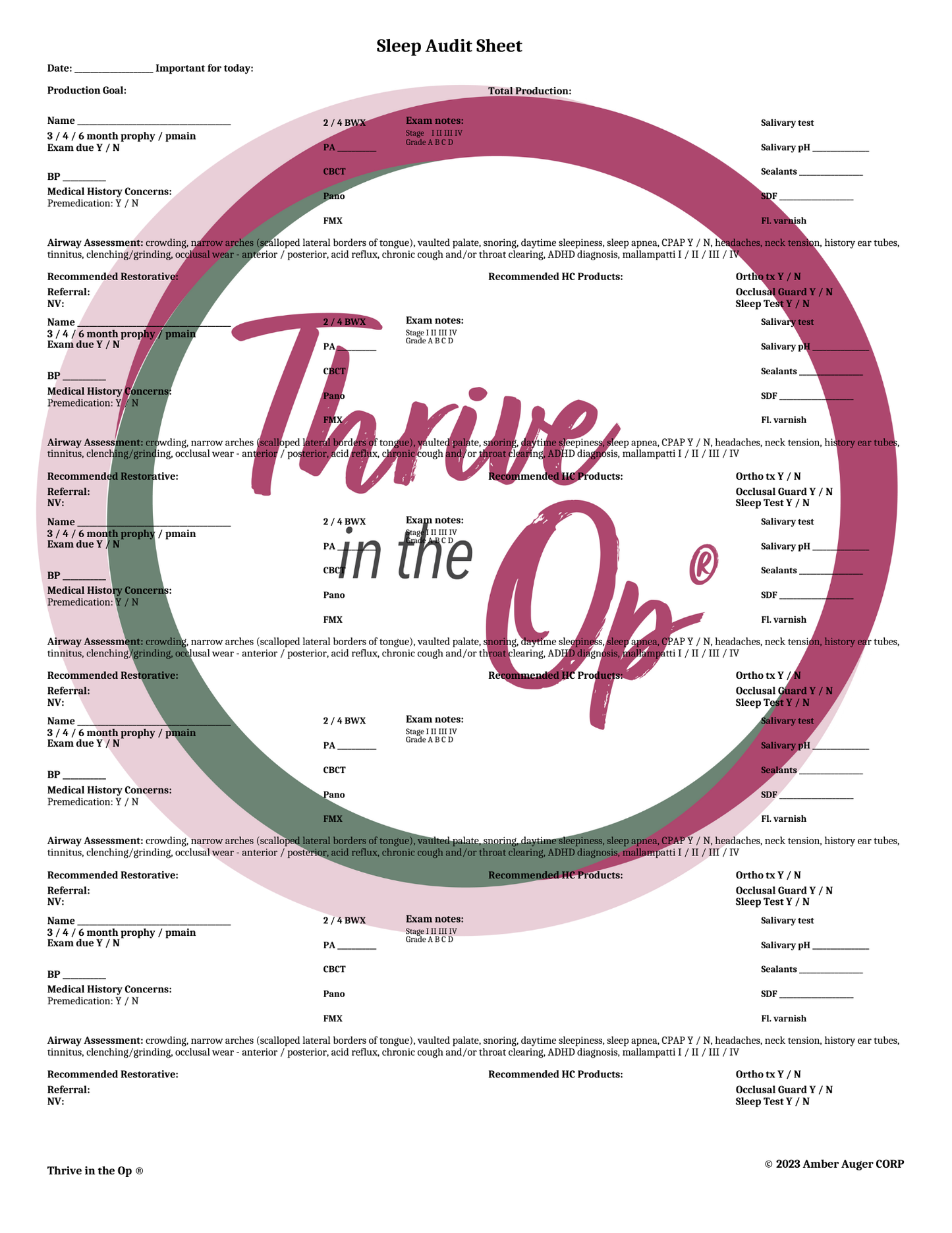 Laminated Sleep Audit Sheet for the RDH| Printed Resource